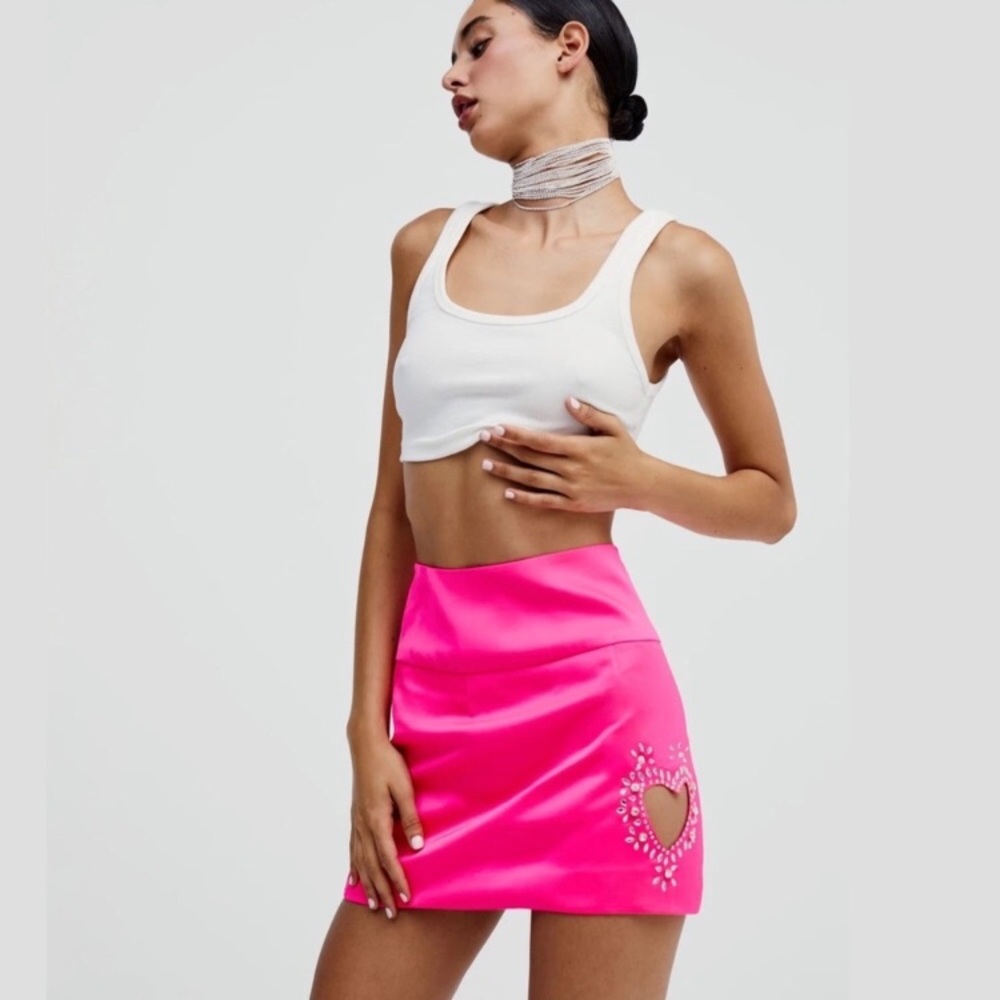 For Love & Lemons pink Satin Heart Jewel Embellished Cutout Zipper mini skirt XS